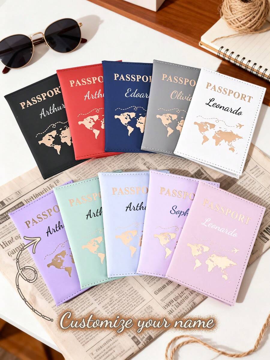 Customized Text LOGO Stamped PU Leather World Map Passport Holder, Cross-Border Travel Passport Protector, Personalized Passport Cover, Valentine's Day Gift, Customizable Passport Holder, Couple Passport Holder, Smooth Texture PU Passport Protector, Customized Passport Holder, Ticket Holder Passport Holder, Essential For Travel - Nhiều màu - Xem 1