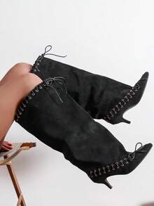 Women's Fashionable Pointed-Toe Over-The-Knee Boots With A Pleated Design, Suitable For Parties, Weddings, And Formal Occasions - Black - View 5