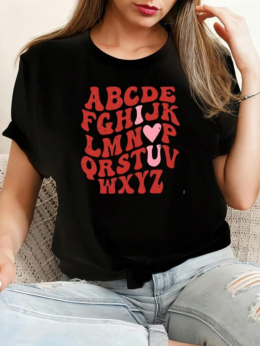 Teacher Alphabet ABC Camiseta de algodón 100% femenino camiseta Casual 220g Funny Graphic Short Sleeve 1 PCS Tee Novelty Crew Neck Oversized Top - Negro - Ver 1