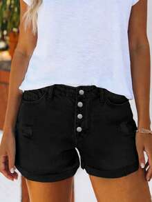 Women's Casual Denim Shorts, With Button, Split And Pockets, Distressed Straight Leg Style - Black - View 1