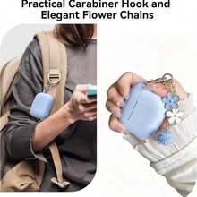 1 Set Apple Protective Case, Silicone Solid Color Integrated Earphone Cover With Flower Hanging Chain, Carabiner And Cleaning Brush, Suitable As Gift - 淺藍色 - 查看 3