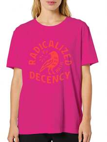 Plus Size Women's Radicalized By Basic Decency Print T Shirt Relaxed Fit Crew Neck Short Sleeve Top, Soft Round Neck Short Sleeve Shirt, Suitable For Womoms, Daily Casual Wear And Birthday Gif - 粉色 - 查看 1
