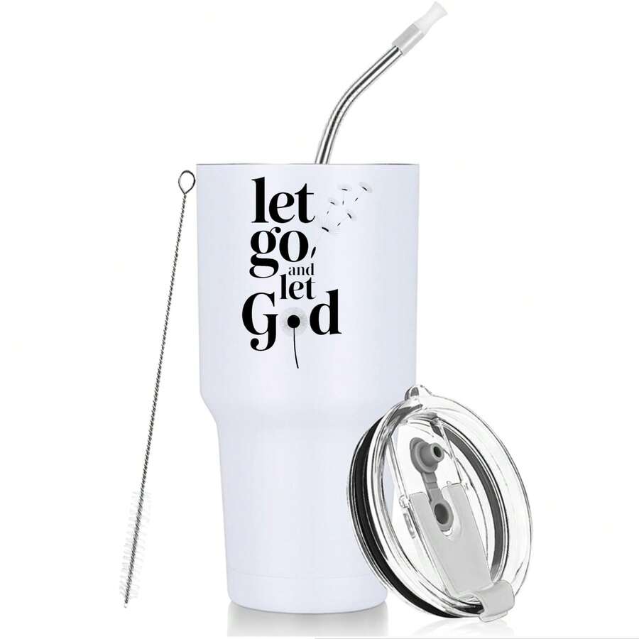 30oz Stainless Steel Tumbler Black White Options, Let Go And Let God Graphic Cups, Insulated Travel Coffee Mug With Lid And Straw , Double Wall Vacuum Reusable Travel Cups, Funny Birthday Party Gift For Women & Men - 白色 - 查看 1
