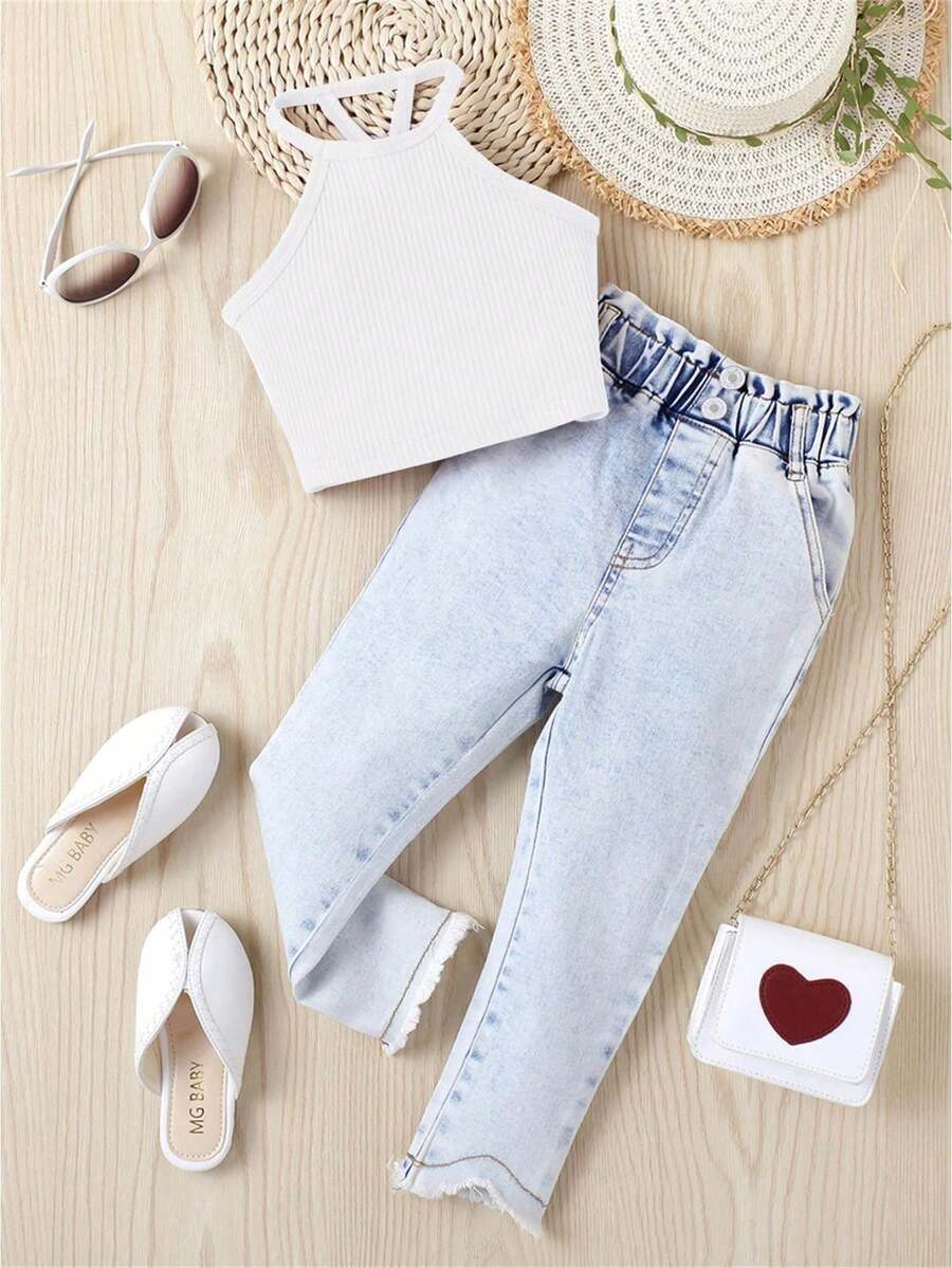 Traje de pantalón para niña, informal, tejido de calle, chaleco de verano, pantalones vaqueros largos con bolsillos - Blanco - Ver 1
