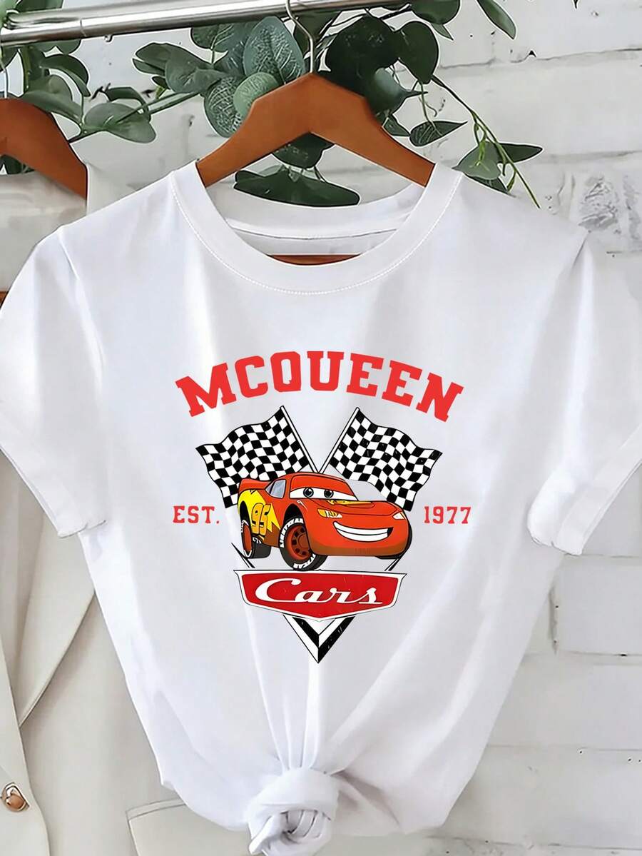 Disney Loose Version Of The "MCQUEEN EST. 1977" Dual Flag Printed T-Shirt From The Lightning McQueen Racing Team, Suitable For Summer And Spring, Short Sleeved Tops, Women's Clothing, Holiday Gift Party Clothing. - trắng - Xem 1