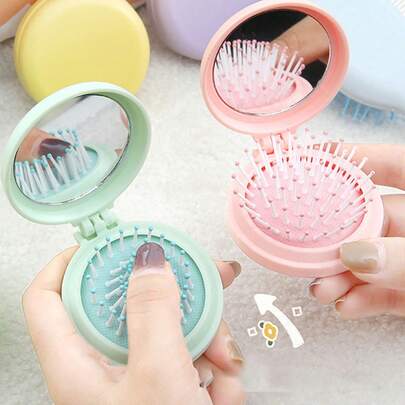 1pc Foldable Travel Mirror Comb, With Detachable Mirror, Boar Bristle Massage Brush - Compact Portable Design, Suitable For Women & Girls, Soft Colors (Mint Green, Pink, Lavender Blue, Light Blue), Fashionable Accessory, Durable Structure Hair Styling Kit Hair Tool Kit,Summer,Holiday,Festival,Birthday