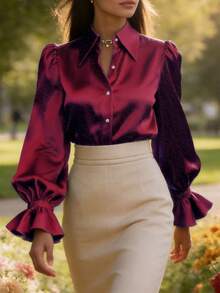 Women's Satin Silk Blouses Dressy Lantern Long Sleeve Shirts Button Down Work Business Casual Tops Vintage Loose Fit Puff Sleeve Blouse Dressy Casual Tops - Đỏ - Xem 1
