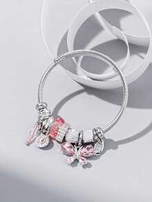 1pc Women's Fashion Elegant Minimalist Crystal Butterfly Pendant Bracelet - Pink - View 2