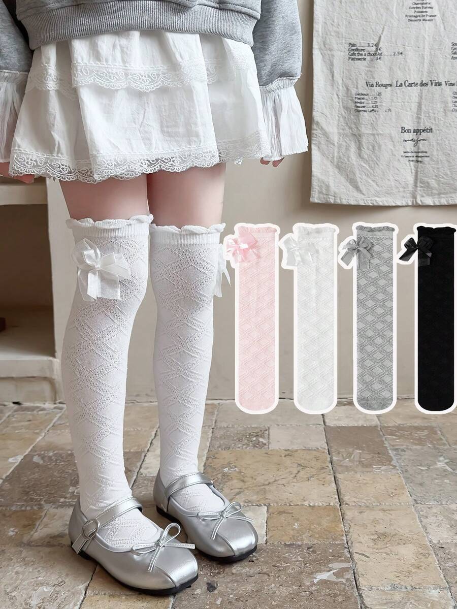1 Par/4 Pares de Calcetines por encima de la rodilla para niñas, estilo escolar con diseño de cuadros, flores y lazos para primavera/verano - Multicolor - Ver 1