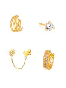 4 Pcs Cute Gold Zirconia Plated Cubic Zirconia Heart Chain Dangle Earrings For Women Hoop Earrings Set Fashion Jewelry - 4 Pcs/Set - View 6