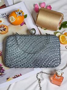 Handbags, Evening Bags, Bags With Rhinestones And Pearls, Removable Chain Shoulder Straps. - Silver - View 5