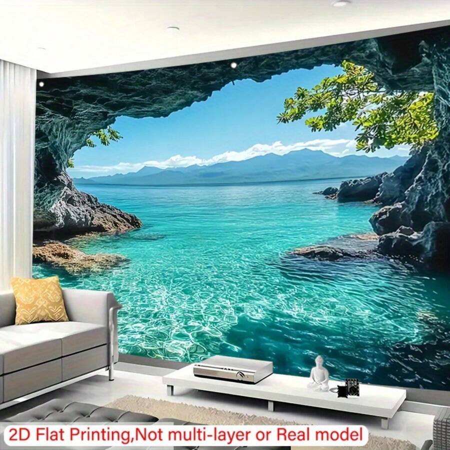1pc Tropical Turquoise Ocean & Cave Backdrop, Realistic 2D Coastal Scene Banner, Suitable For Home, Events, Photography Studio, No Electricity Needed, Easy To Hang & Decorate, Perfect For Wedding, Birthday, Party - 2 - View 1