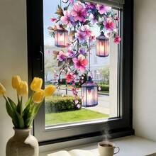 1/5pcs Pink Retro Lantern Floral Pattern Static Cling Glass Film, Removable Blackout UV Protection Privacy Decor Sticker For Living Room Bedroom Glass Door Window, Spring/Summer Decor - Floral Window Stickers - View 3