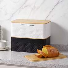Reusable White/Black Metal Bread Box With Wooden Lid - Rectangular Kitchen Storage Container For Bread, Toast, Fruits And Vegetables - Multicolor - View 1