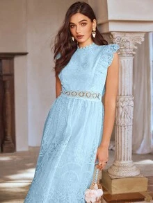 Simplee Women's Spring/Summer New Mesh Embroidered Ruffle Trim Sleeveless Dress Elegant - Baby Blue - View 5