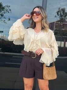 Women's Elegant Semi-Transparent Chiffon Ruffle Hem Blouse, Fashionable V-Neck Long Sleeve Spring Top - Beige - View 2