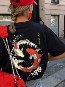 1 Piece Of Women's Summer T-Shirt With Round Neck And Short Sleeves, Japanese Koi Fish And Cherry Blossom Print, Loose Casual Blouse, Suitable For Summer, Beach, Street Wear - 黑色 - 查看 6