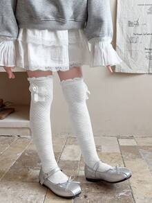 1 Par/4 Pares de Calcetines por encima de la rodilla para niñas, estilo escolar con diseño de cuadros, flores y lazos para primavera/verano - Multicolor - Ver 13