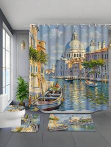 1/4件套迷人威尼斯城市印花浴帘套装，包含浴帘、12个挂钩、防滑垫、U型垫和马桶盖套，加厚防水防霉涤纶面料 - A - 查看 2
