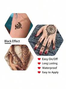 Henna Cone Tattoo Kit Available In Multiple Colors, 12 Random Reusable Stencils | Pre-Mixed Natural Mehndi Paste For Temporary Body Art | Waterproof, Smudge-Proof, Long-Lasting | DIY Kit Suitable For Beginners For Parties, Festivals, Halloween, And Weddings - 紅色+棕色 - 查看 5