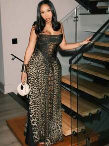 Leopard Print Strapless Maxi Dress High-Waist Slim Fit Lace Panel Gown For Valentine's Date Night - họa tiết da báo - Xem 2