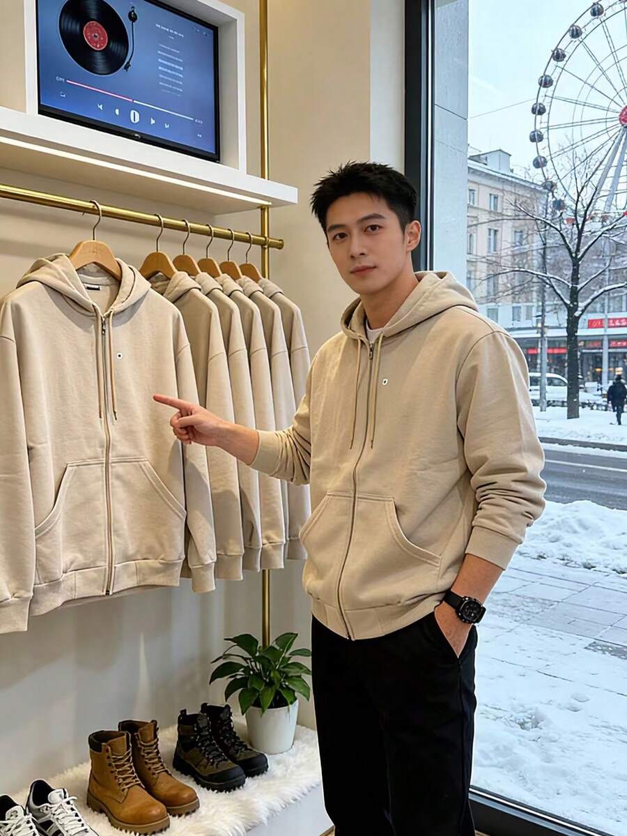 Men's Hoodie – Zipper, Pockets, And Oversized Fit | Comfort And Style For Everyday Winter Wear - 卡其色 - 查看 1