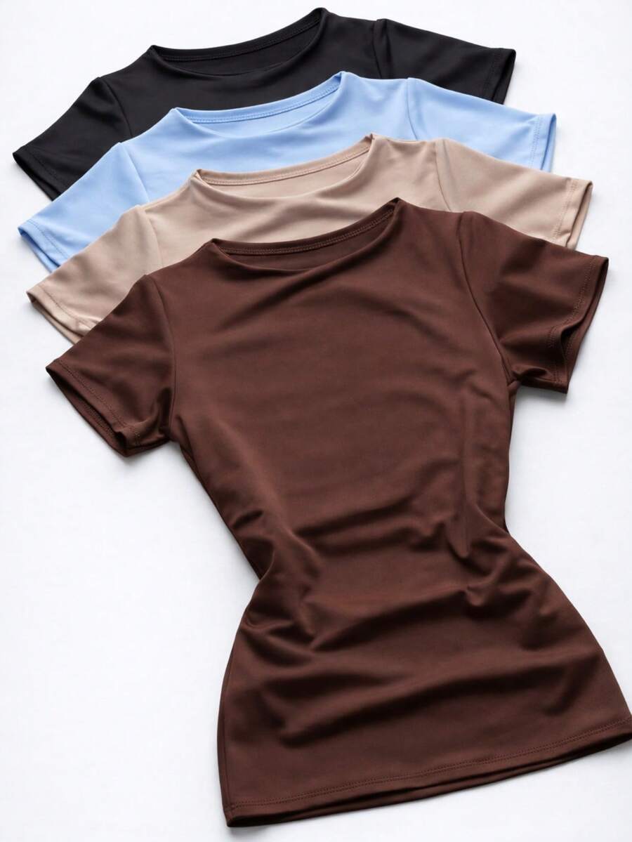 Set Of 4 Women's Blouses In Double-Layer Spandex, Basic And Elegant, Blogger Style. - 棕色,裸色,白色和黑色 - 查看 1
