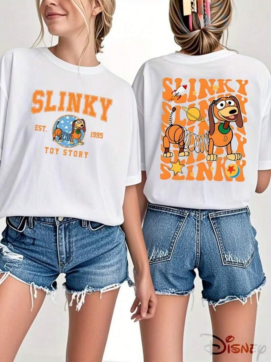 Disney Spring Dog Series Printed Ladies' T-Shirts, Toy Story Slinky Orange Stitching Printing, Genuine, Micro-Elastic, Can Be Used As Gifts For Family And Friends, Suitable For Spring And Summer. - trắng - Xem 1