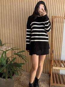 Striped Long-Sleeved Knit Sweater Top, Warm And Comfortable. - Black - View 3