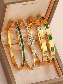 Bộ 4 chiếc vòng tay mạ vàng 18K đính đá Zirconia, không gây dị ứng, sang trọng, có thể xếp chồng lên nhau, quà tặng cho nữ, các cặp đôi, ngày Valentine, tình bạn. - Nhiều màu - Xem 12