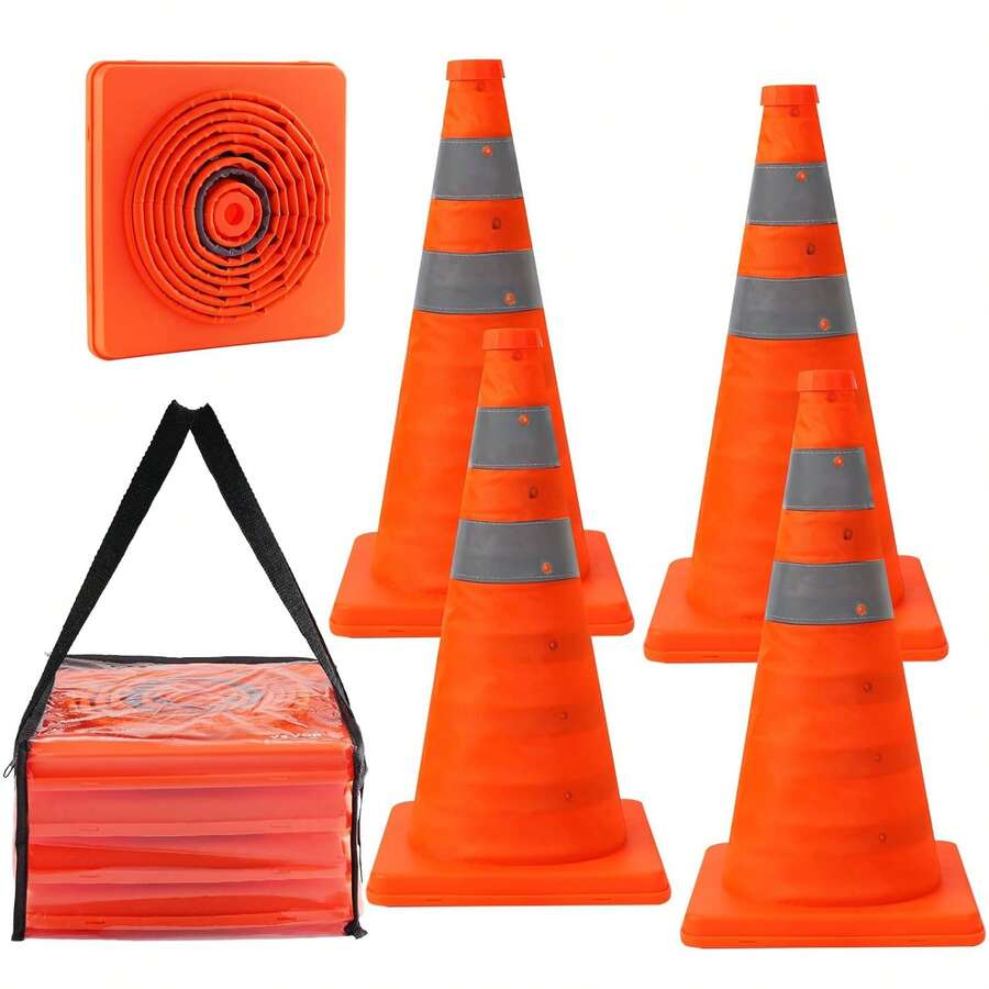 4 Peças Cones de Segurança de Tráfego Retráteis e Dobráveis de 45cm com Bolsa de Armazenamento, Cones de Estrada Retráteis Reflexivos Laranja, Sem Necessidade de Montagem, Para Estacionamento Rodoviário, Prática de Direção, Barreiras de Construção ao Ar Livre, Material Durável de Poliéster - 4 peças - Visão 1