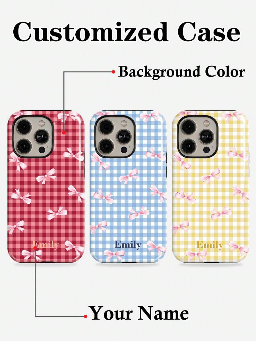 Funda de teléfono personalizada minimalista de color contrastante a cuadros con nombre, cubierta protectora de carcasa dura con película brillante 2 en 1 compatible con iPhone 11/12/13/14/15/16 17 Pro Max - Multicolor - Ver 1