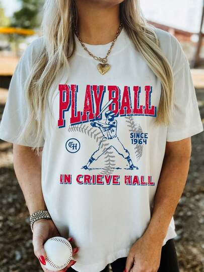 白色 PLAY BALL IN CRIEVE HALL 复古图案T恤