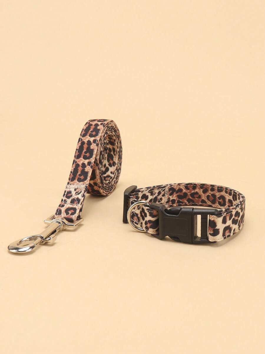 1 Set Leopard Print Pet Collar + Leash 2pcs, Durable & Comfortable For Small/Medium Dogs & Cats, Suitable For Daily Outdoor Use - Multicolor - View 1