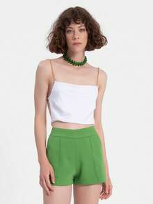 Women Solid High Waist Casual Office Shorts - Olive Green - View 5