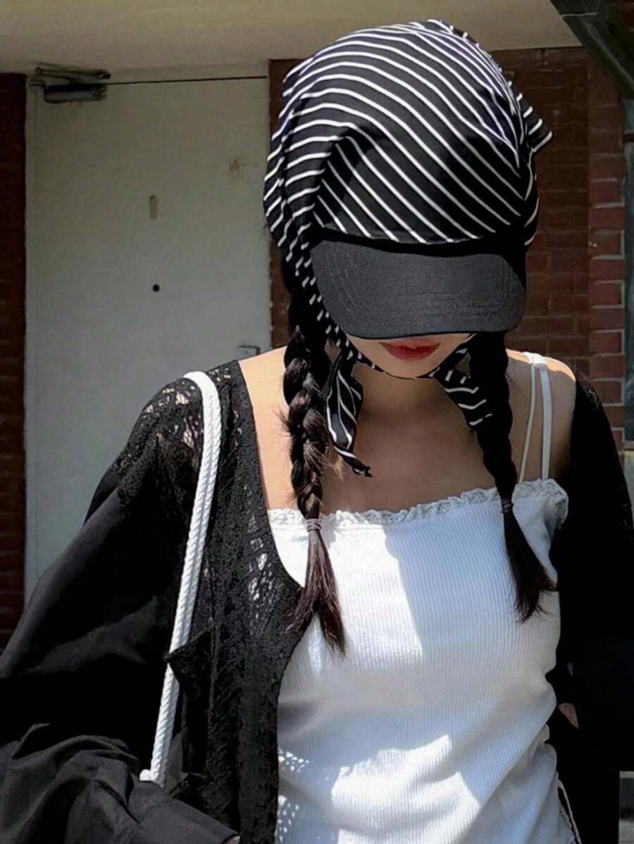 1pc Striped Necktie Baseball Cap, Street Fashion Headscarf Hat, Sun Protection, Spring/Summer - Multicolor - View 1