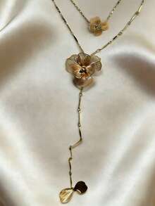 Kalung Vintage Motif Bunga Berongga dan Daun Berumbai Gaya Eropa dan Amerika Terbaru - Emas - View 2