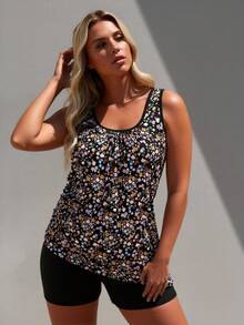 2026 New Fashion Swimsuit Women's Black Floral Print Plus Size Tankini + Boyshort Set For Sweet Style, Fresh & Slim Fit - Multicolor - View 3