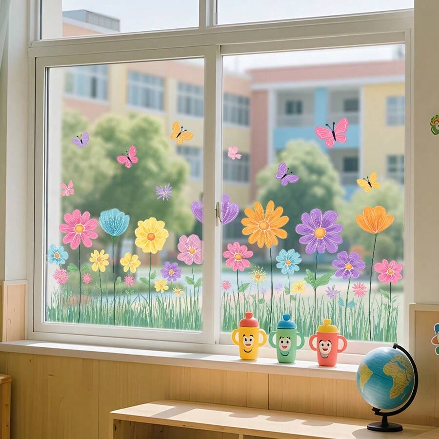 1 pieza Pegatina de ventana con flores y mariposas de primavera y verano, calcomanía de vidrio removible, adecuada para ventanas, puertas de vidrio, decoración de aulas - AD36191 totalmente transparente - Ver 1