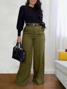 Solid Black High-Waisted Wide-Leg Pants 1pc Elegant Office Casual Loose Fit Chic For Daily Work Date All Seasons - Màu Khaki - Xem 1