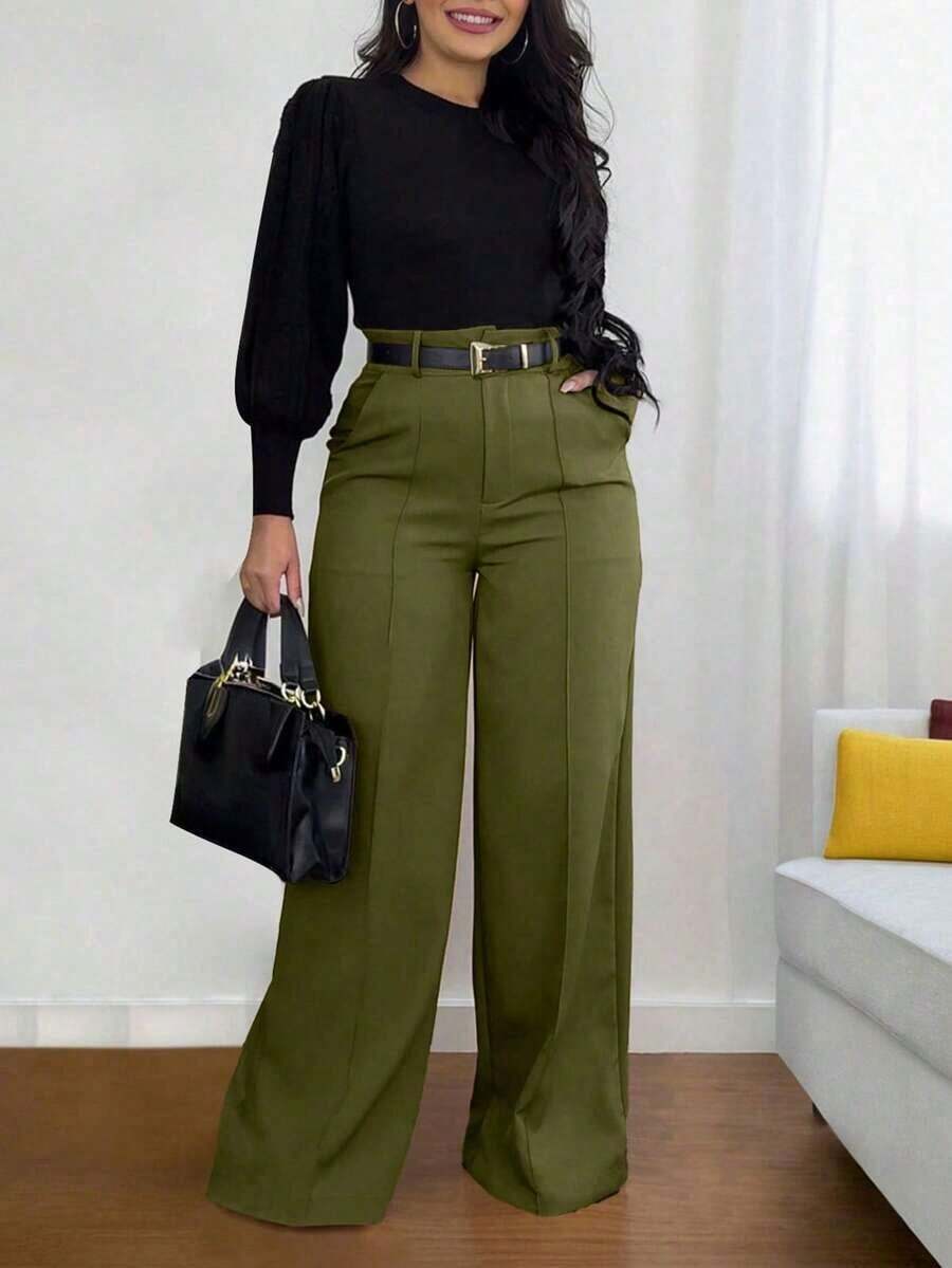 Solid Black High-Waisted Wide-Leg Pants 1pc Elegant Office Casual Loose Fit Chic For Daily Work Date All Seasons - Màu Khaki - Xem 1