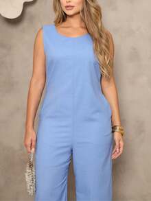 Elegant Linen Jumpsuit With Wide Legs And Discreet Pockets. - Serenity Blue - View 4