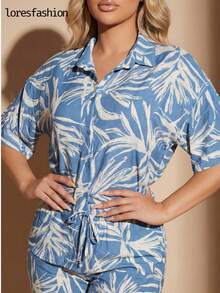 Conjunto MujerCamisa de Raso Manga Larga Cuello Clásico con Botones y Pantalón Ancho de Satén Estampado Tropical Marrón Combinado Elegante Femenino Chic Moda Playa Vacaciones Outfit Casual Formal Oficina Fiesta Look Sofisticado Tela Ligera Suave 96% Poliéster 4% Spandex Espalda Elástica Ajuste Cómodo Pierna Amplia Caída Fluida Conjunto Dos Piezas Dama Fashion Primavera Verano  México Ropa Mujer Moderna Estilo Europeo Americano No Estirado Diseño Exclusivo Impresión Variable Outfit Tropical Glam Street Style Combinable con Sandalias Tacones Sneakers Ideal Clima Calor Nuevo Lanzamiento Alta Calidad - Celeste - Ver 7