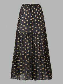 Nuevo conjunto de 2 piezas ajustado con estampado de lunares, conjunto de moda con falda maxi, adecuado para spa, playa, vacaciones en color negro - Negro - Ver 5