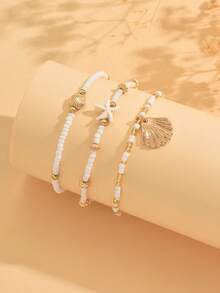 Set de 3 piezas Tobillera de estilo bohemio con aleación metálica, cuentas de vidrio y estrella de mar de múltiples capas, accesorio de joyería de moda para mujer, adecuado para uso diario, playa, fiesta y festival de música - Dorado - Ver 3