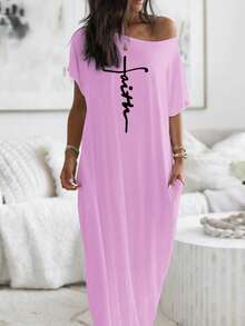 ChicMe Đầm maxi nữ không tay, in chữ, dáng rộng, có túi, thích hợp mặc hàng ngày. - Màu tím hoa cà - Xem 1