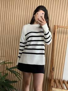 Striped Long-Sleeved Knit Sweater Top, Warm And Comfortable. - White - View 1