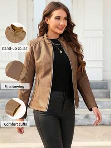 Giolshon Women's Faux Leather Motorcycle Jacket - Asymmetric Zipper, Stand Collar, Suitable For Urban Commuting Style In Spring - Khaki - View 3