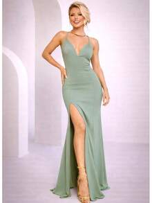 Bridesmaid Dress Party V-Neck Iron Guest Graduation Without Shine Simple Lilac Fuscia Pink Rose Terracotta Olive Blue Marsala Serenity Black - 橄欖綠 - 查看 1