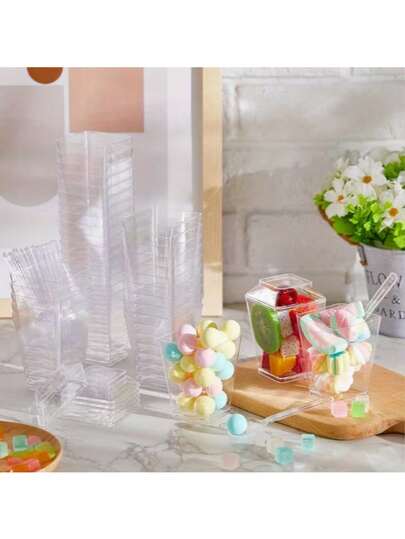 100 piezas Tazas cuadradas de postre, tazas cuadradas de mousse, tazas de pastel, tazas de bufé y tazas de ensalada, tazas de mousse para fiestas, tazas de helado, tazas de gelatina, tazas de postre, tazas de aperitivos para exteriores, adecuadas para cumpleaños, bodas, graduaciones, picnics y eventos de hotel, artículo esencial para picnics | Tazas decorativas para fiestas